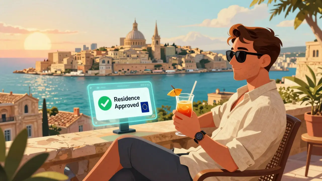 A successful entrepreneur relaxing on a Maltese terrace with an EU residency approval.