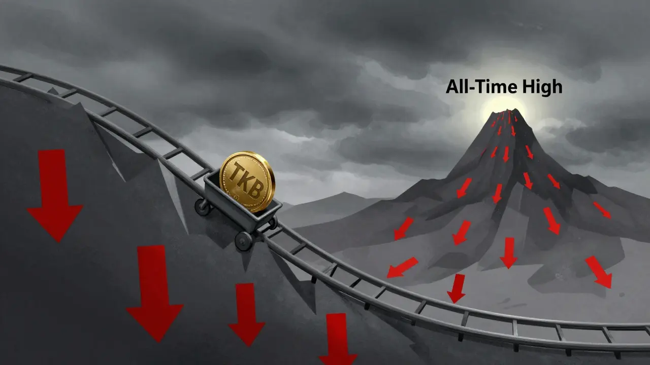 A TKB token on a rollercoaster plummeting down a steep price drop.