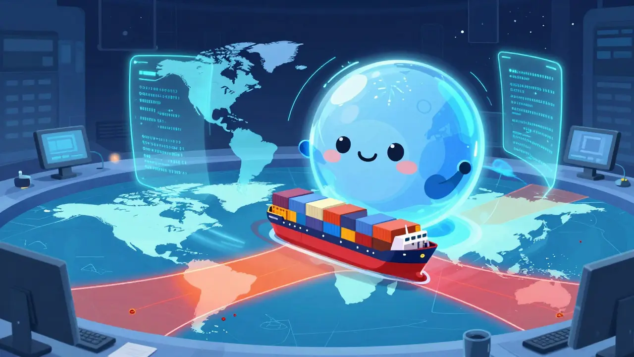 AI hologram rerouting a cargo ship on a digital map to optimize supply chain logistics.