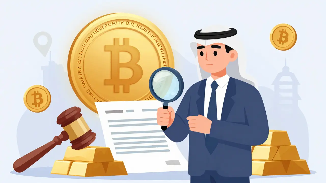 An investor reviewing a licensed digital asset contract under a QFCRA regulatory seal.