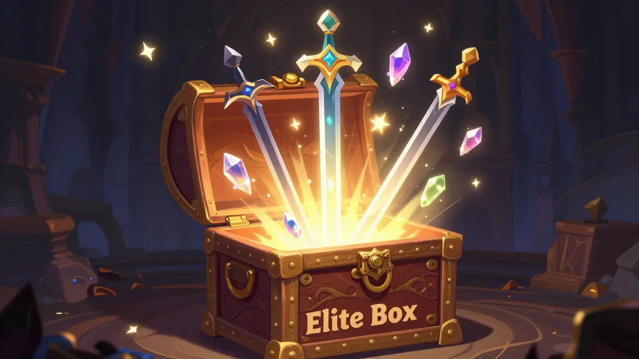 An open Elite Box releasing glowing rare NFT items and mystical rewards