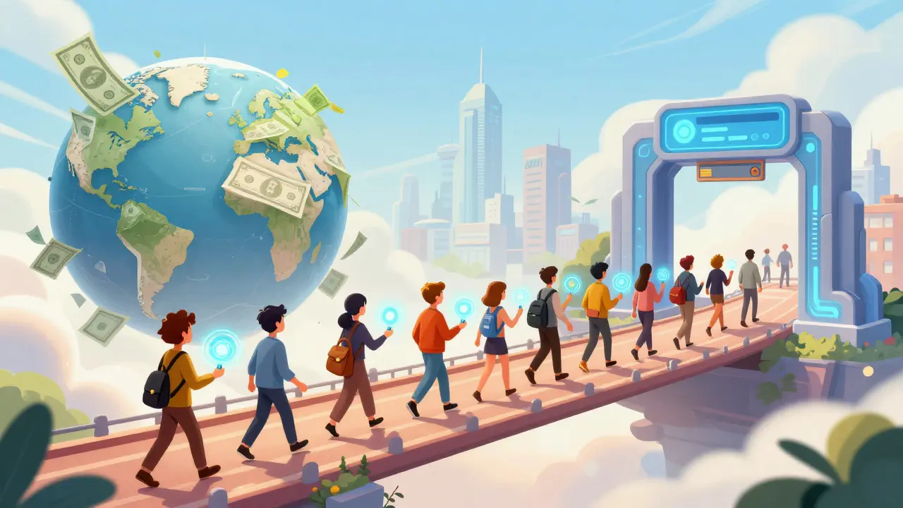 Cartoon bridge connecting traditional cash and credit cards to a digital crypto city