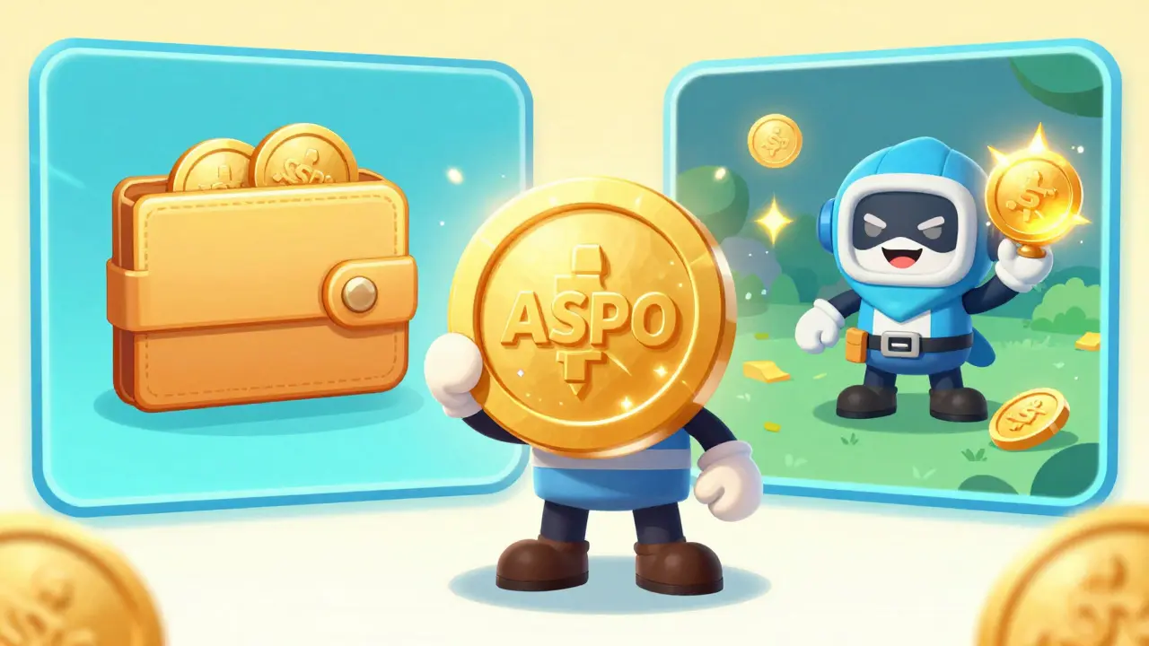 Cartoon character holding a glowing ASPO token illustrating the game's digital economy