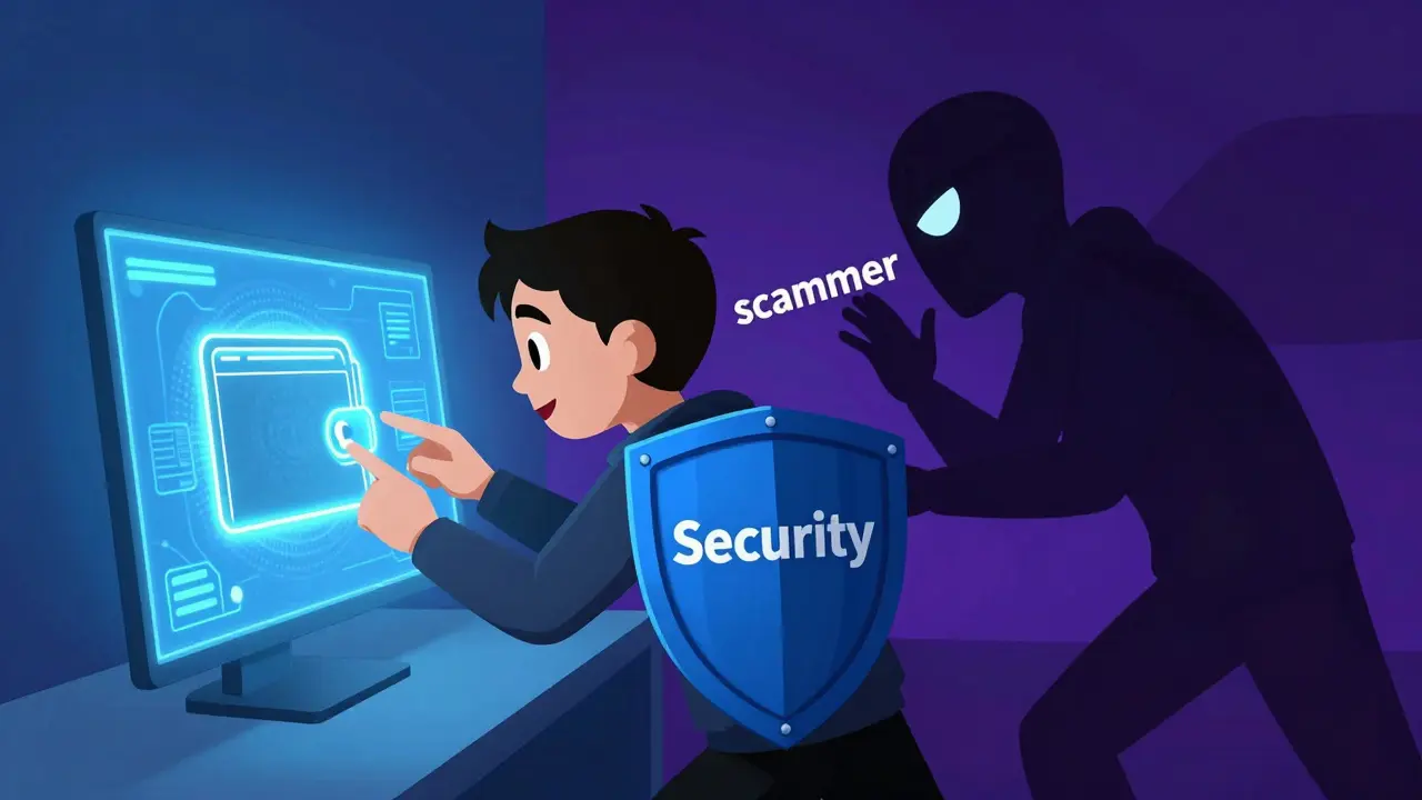 Cartoon character using a security shield to protect their digital wallet from a shadow.