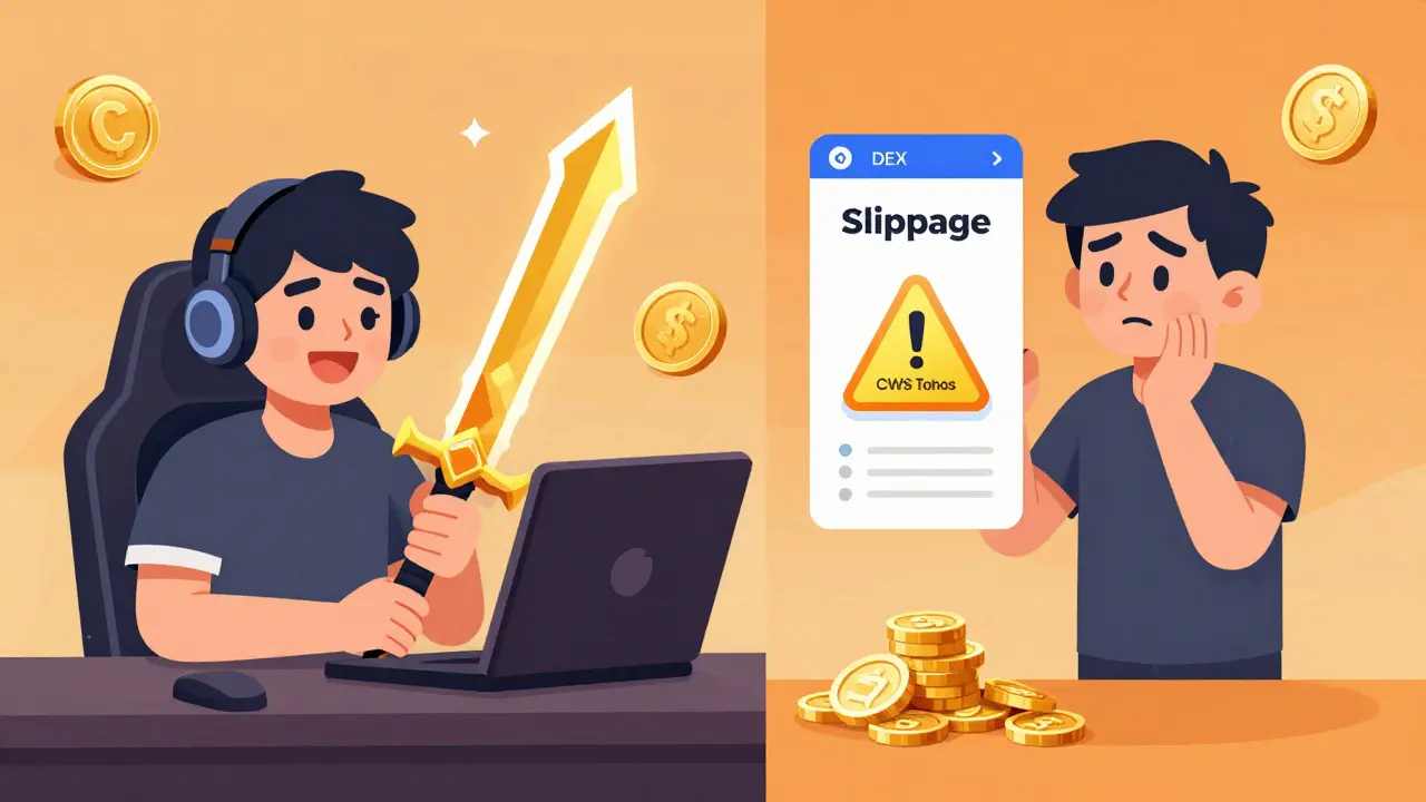 Cartoon comparison of using CWS tokens for gaming rewards versus trading on a DEX