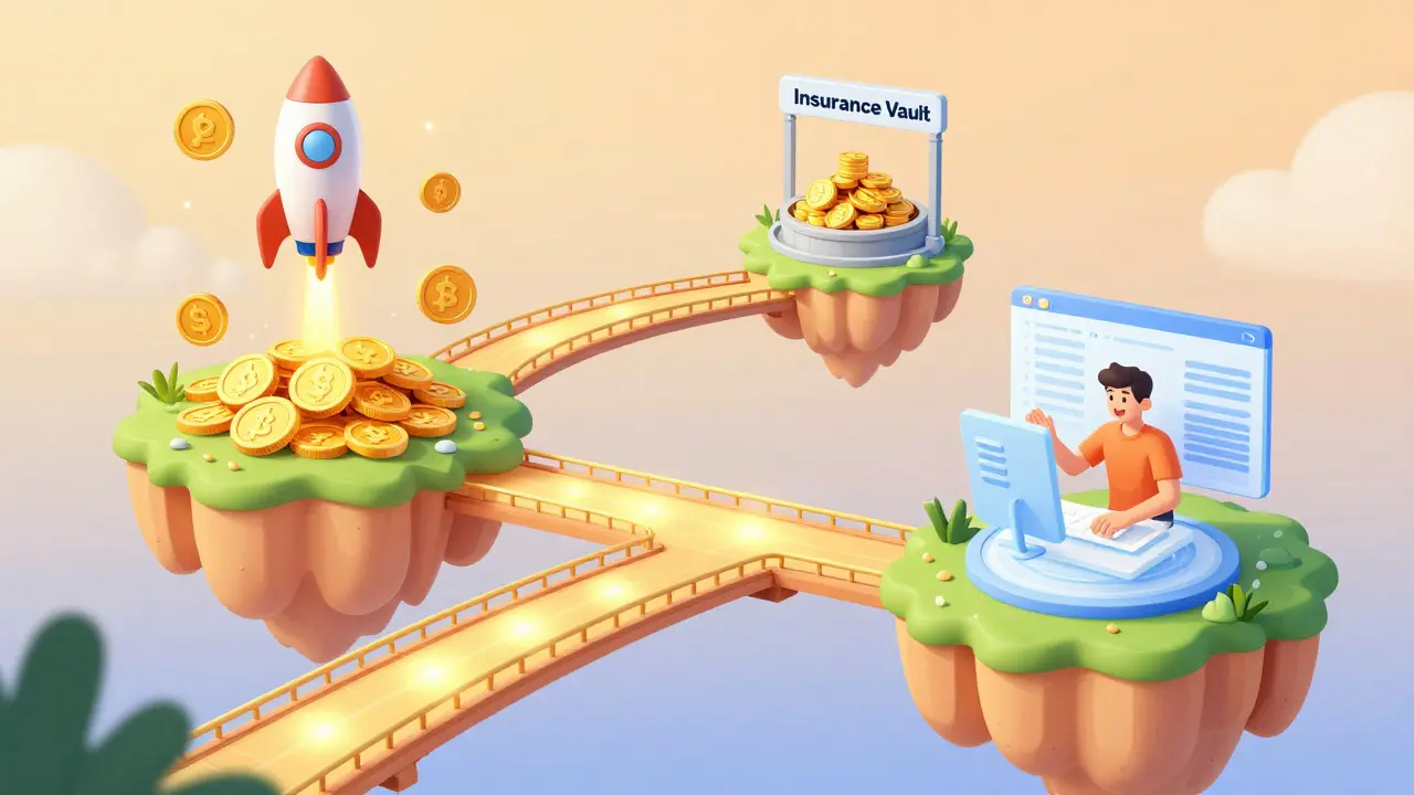 Cartoon depiction of a multi-chain ecosystem with a launch pad and an insurance vault