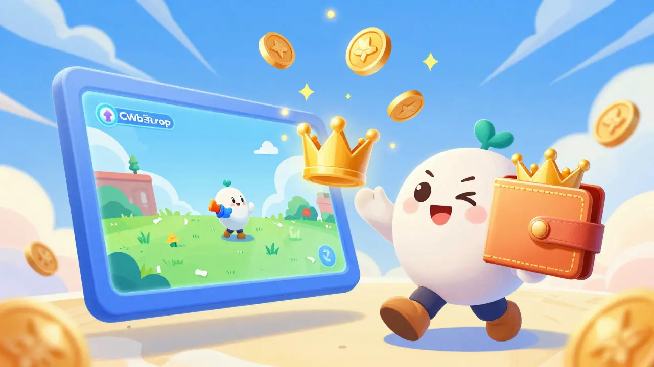 Cartoon gamer earning gold CWS crown tokens through gameplay into a digital wallet
