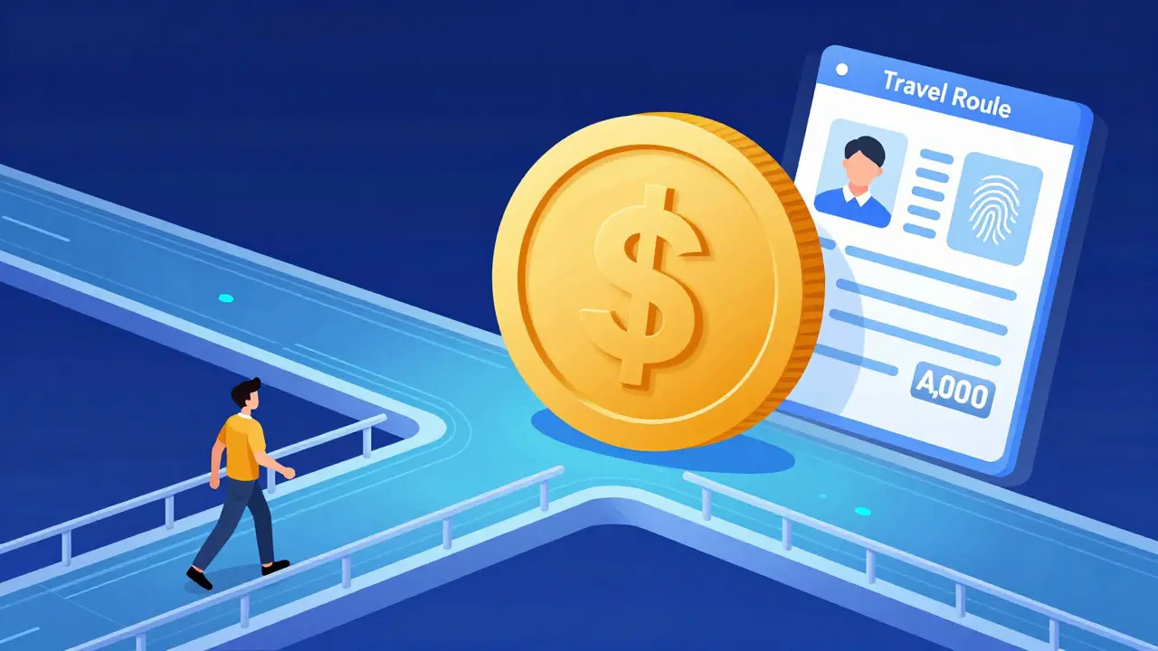 Cartoon illustration of a crypto transaction with a digital identity passport representing the Travel Rule.