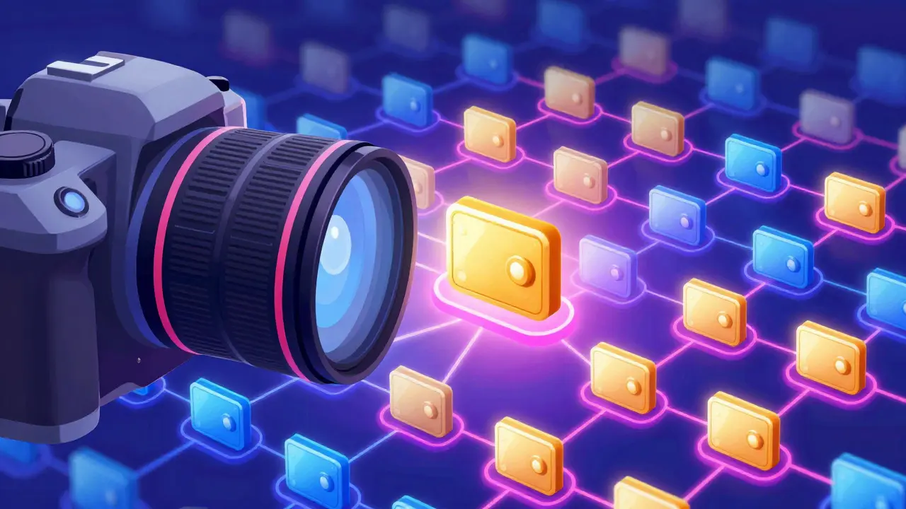 Cartoon illustration of a digital camera taking a snapshot of a glowing wallet network.