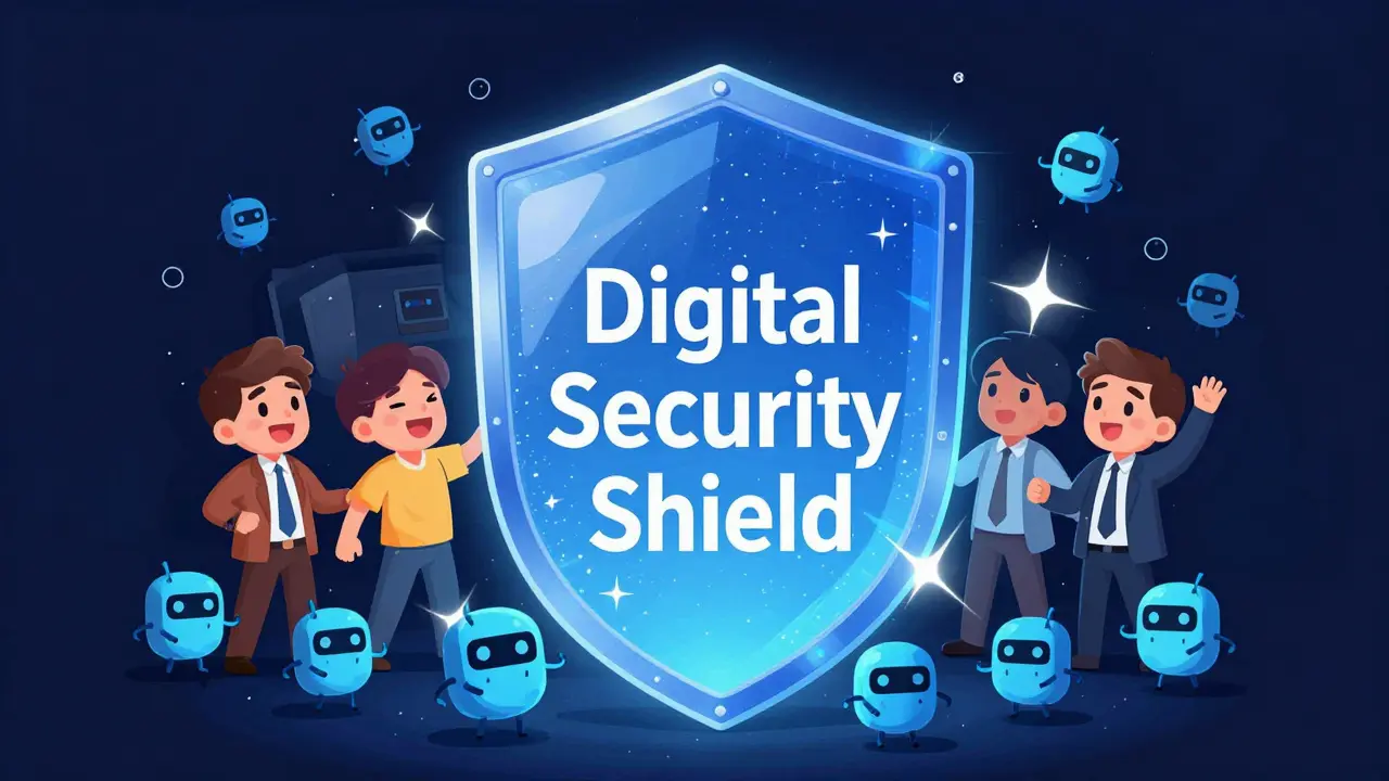 Cartoon illustration of a digital security shield blocking mischievous bots from human investors