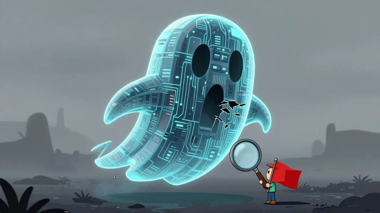 Cartoon illustration of a ghostly, glitchy digital building representing a ghost crypto exchange.