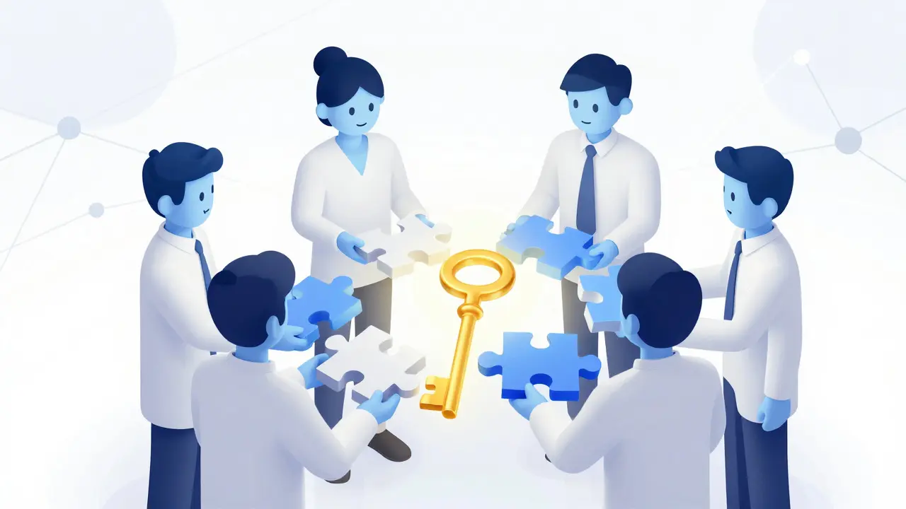 Cartoon illustration of people merging puzzle pieces into a single golden digital key.