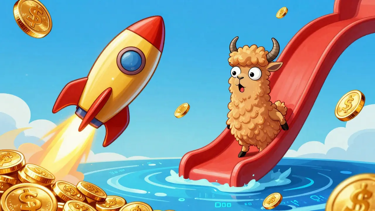 Cartoon lama reacting to a golden rocket and a steep red price drop slide.