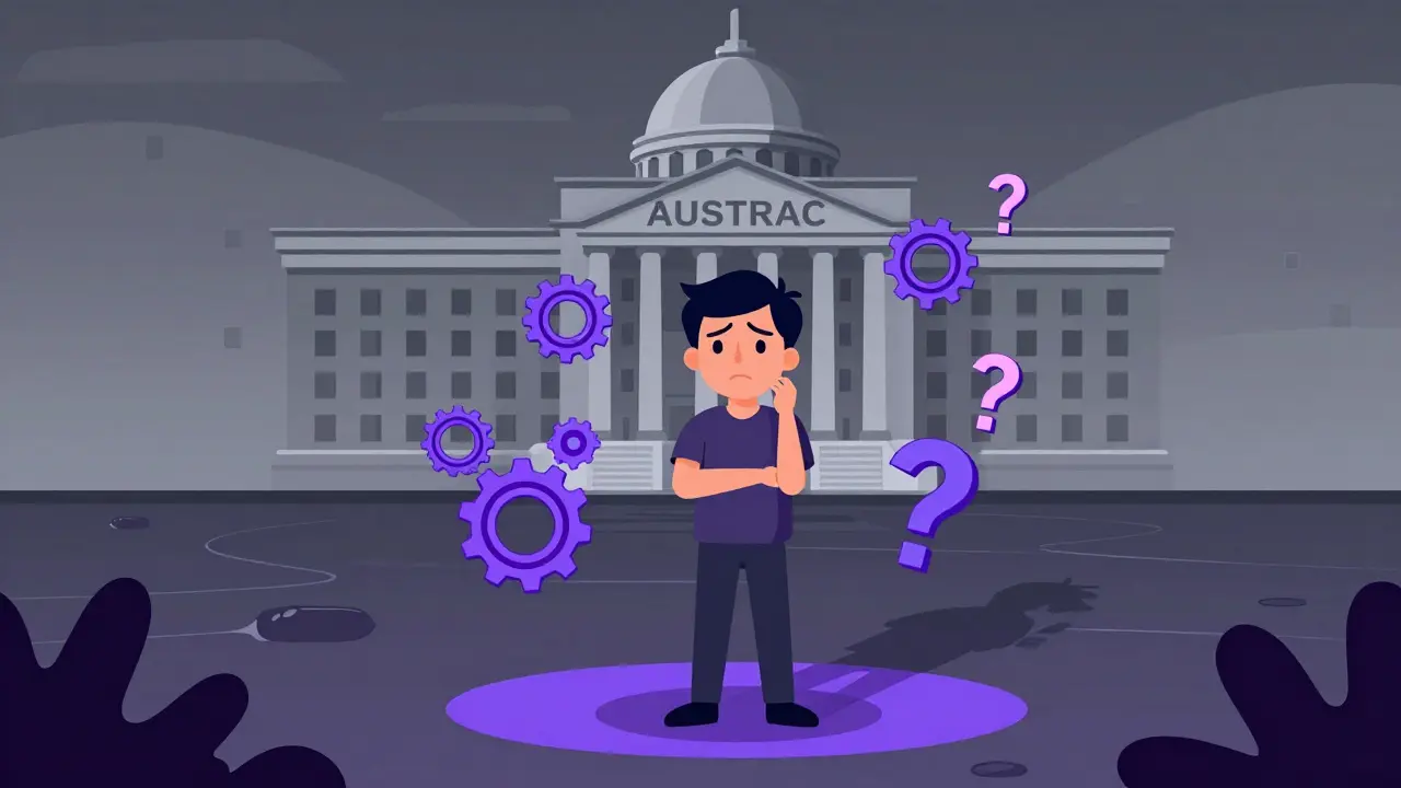 Cartoon of a confused DeFi developer amidst blockchain elements and a looming government building.