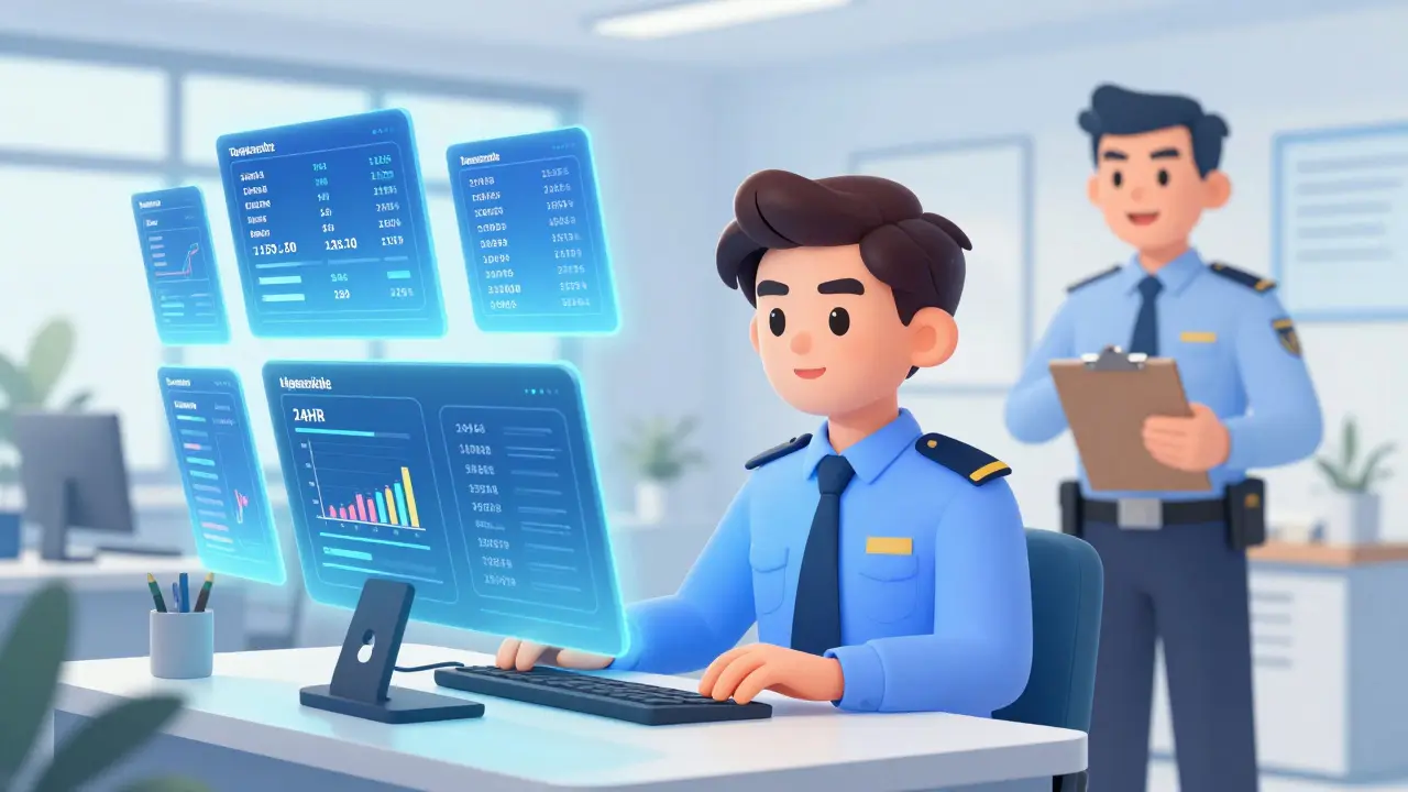 Cartoon of a crypto officer managing global portfolios with a regulator nearby.