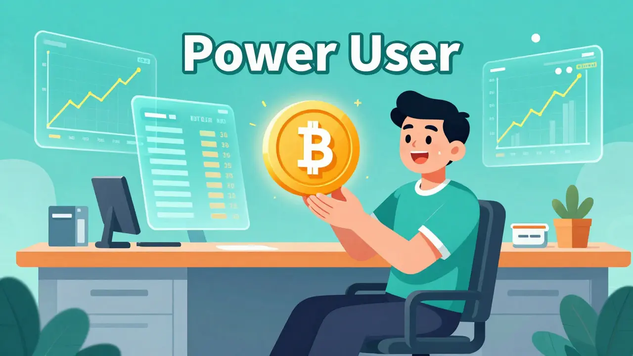 Cartoon of a crypto power user managing holographic charts and tokens in a tech hub.