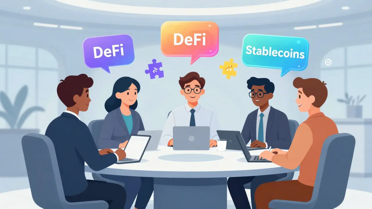 Cartoon of regulators and experts discussing the future of DeFi and stablecoins.