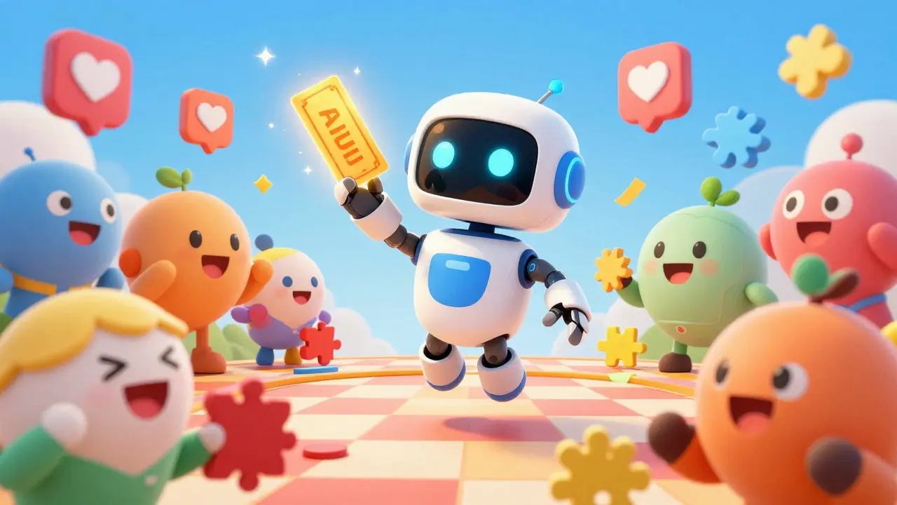 Cartoon robot managing a digital lottery with excited characters completing tasks.