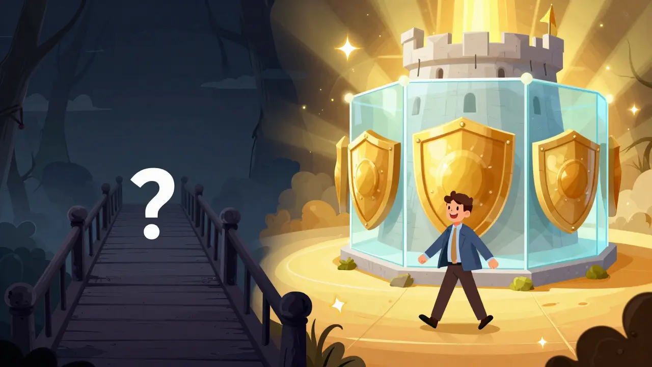 Cartoon showing a choice between a dark, risky path and a bright, secure financial fortress.