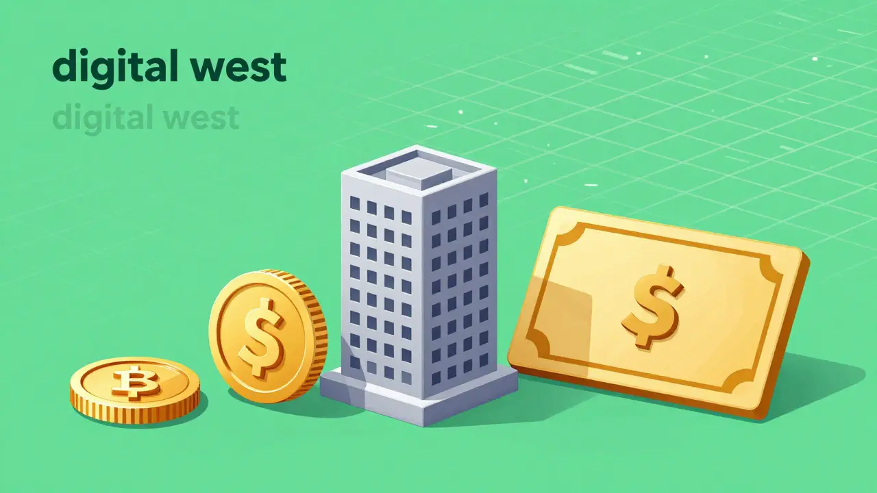 Cartoon showing digital coins transforming into tokenized real-world assets and bonds.