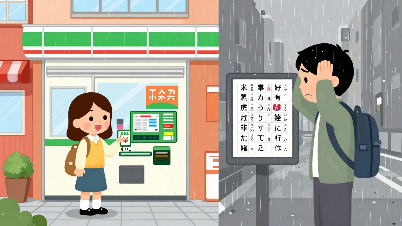 Comparison of a Japanese user at a convenience store versus a confused foreigner.