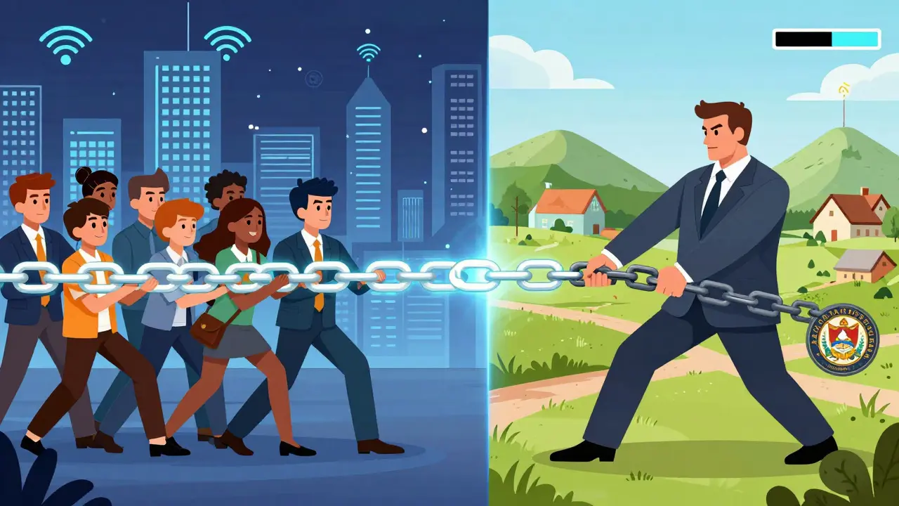 Digital assets users and government officials in a symbolic tug-of-war over blockchain.