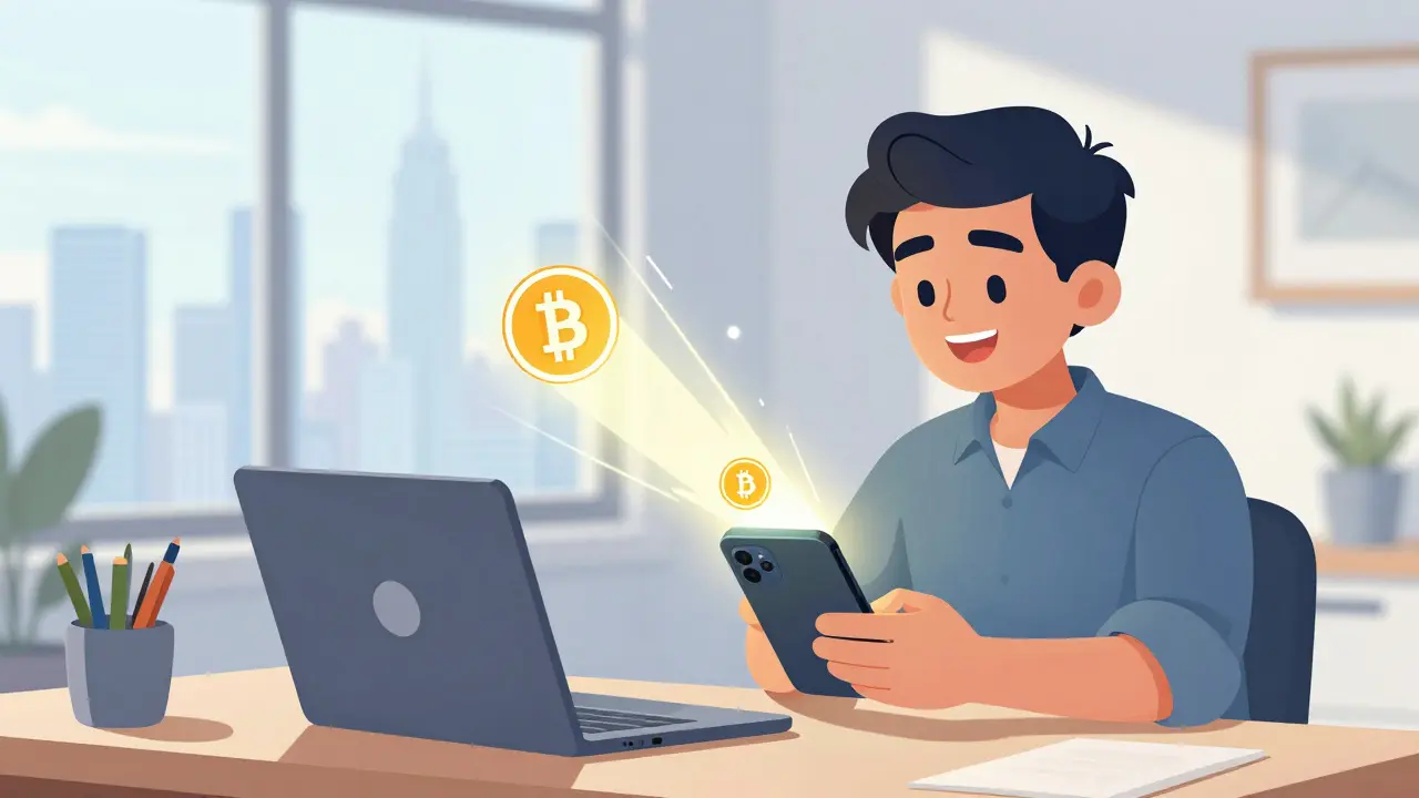 Freelancer receiving an instant cryptocurrency payment from overseas into his phone.