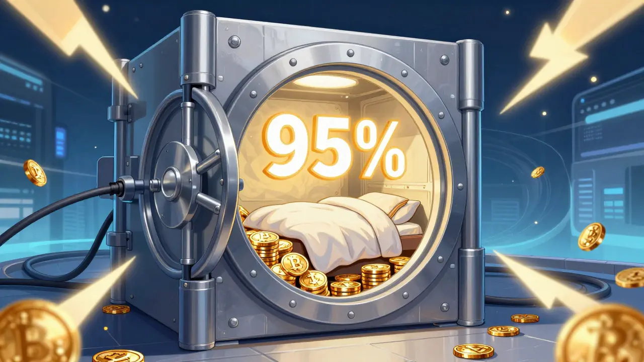 Illustration of a secure vault protecting 95% of digital assets from the internet.