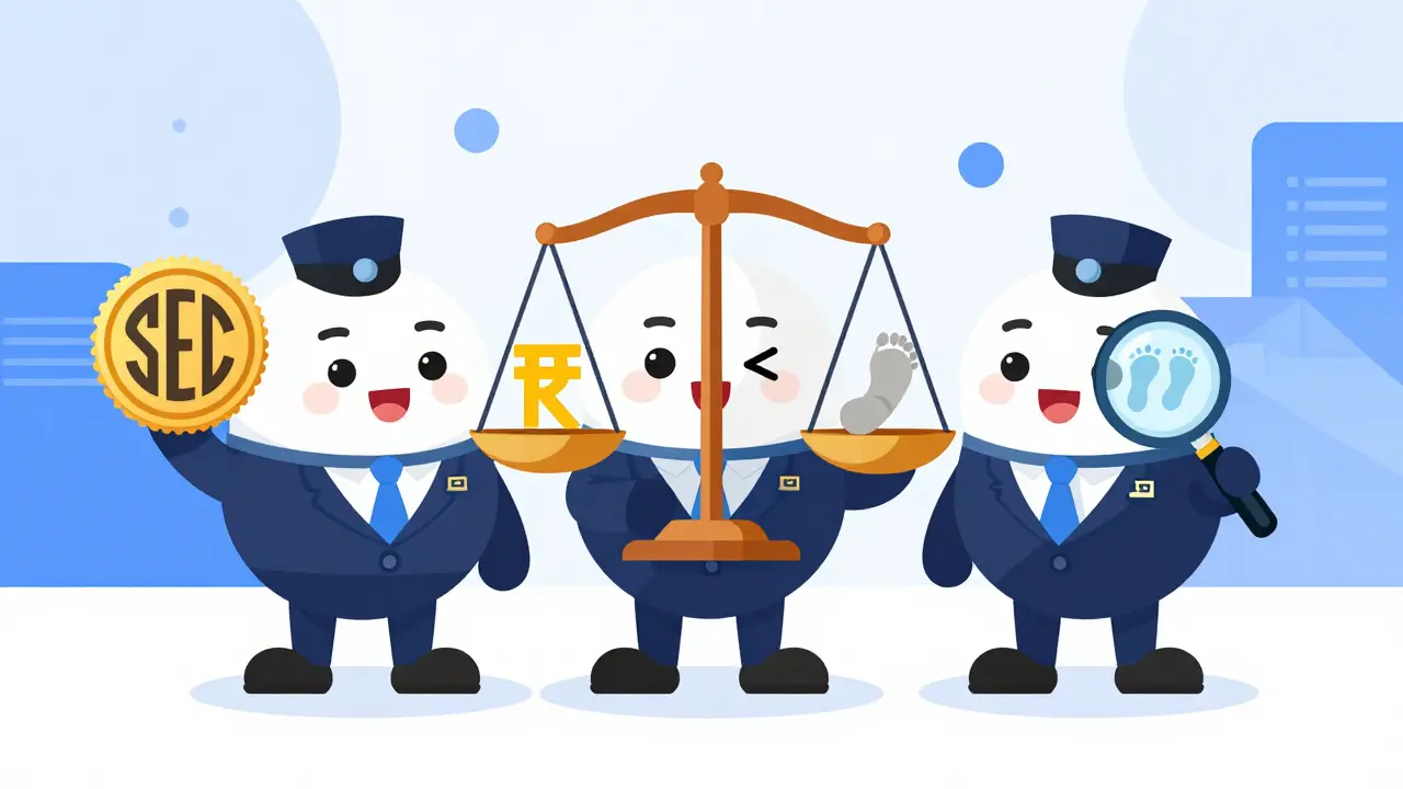 Personified regulatory agencies SEC, CBN, and NFIU overseeing digital assets.