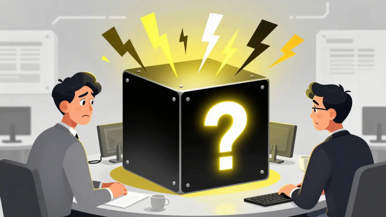 Professionals looking confusedly at a mysterious black box representing AI logic errors.