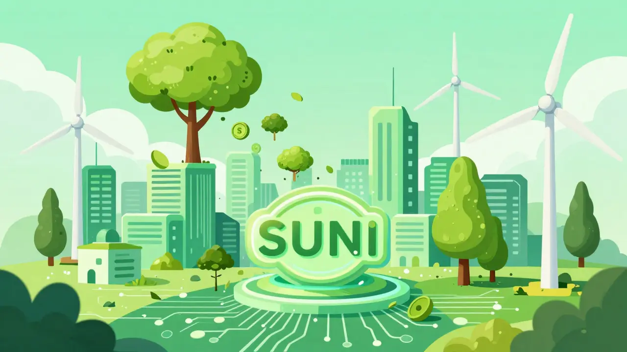 SUNI tokens transforming into trees and wind turbines in a green-tech city