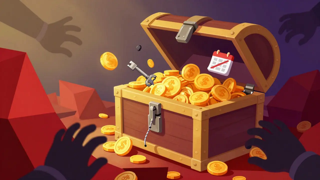 Treasure chest locking shut with coins and shadowy hands