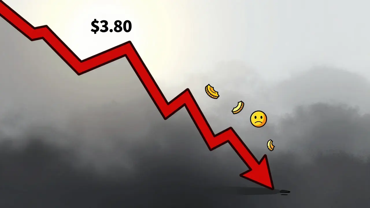 A dramatic cartoon chart crashing down from highs to lows, symbolizing massive value loss