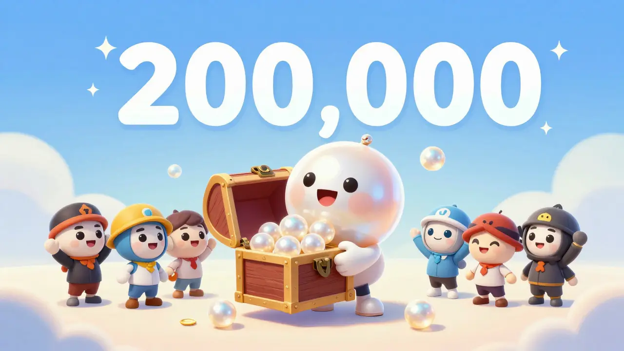 Anthropomorphic pearl character celebrating with 200,000 PEARL token prizes