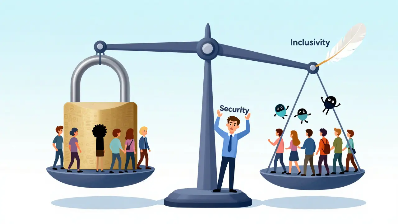 Balance scale weighing security against user inclusivity in crypto