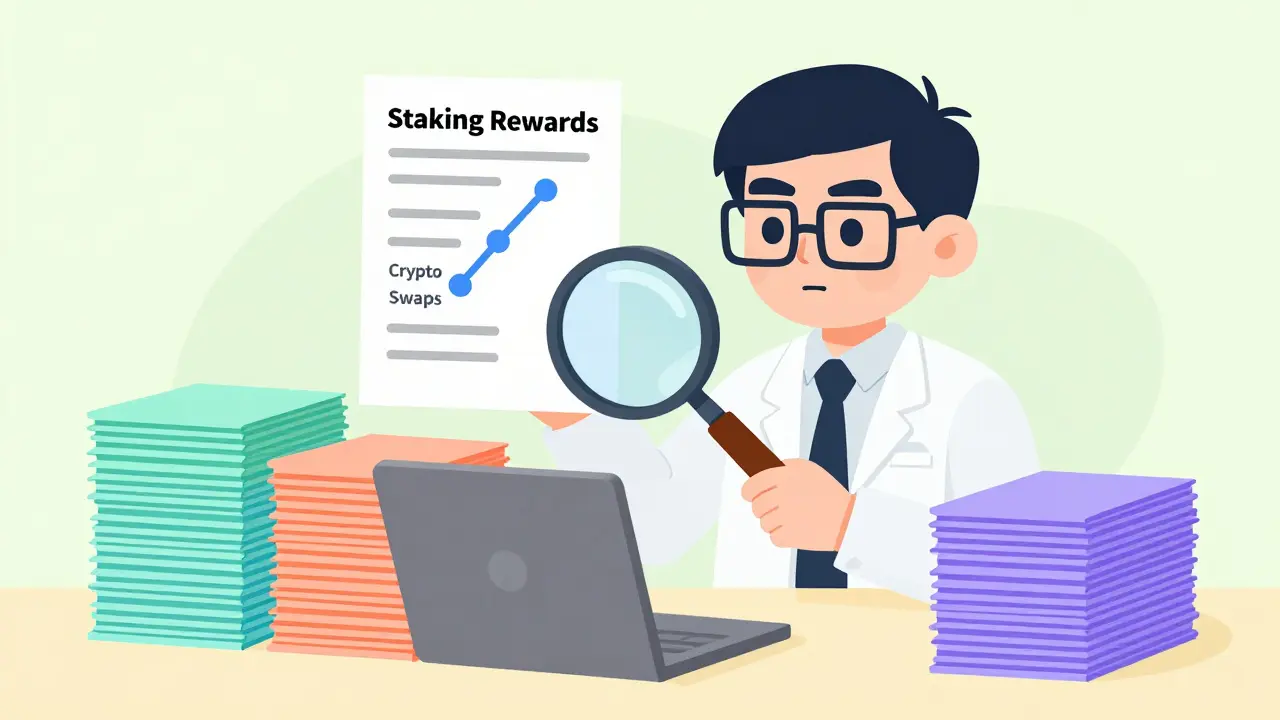 Cartoon accountant organizing crypto tax records and staking rewards