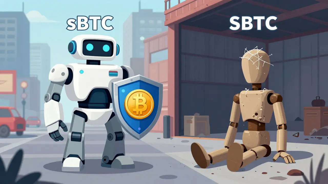 Cartoon comparing active sBTC robot with abandoned SBTC mannequin