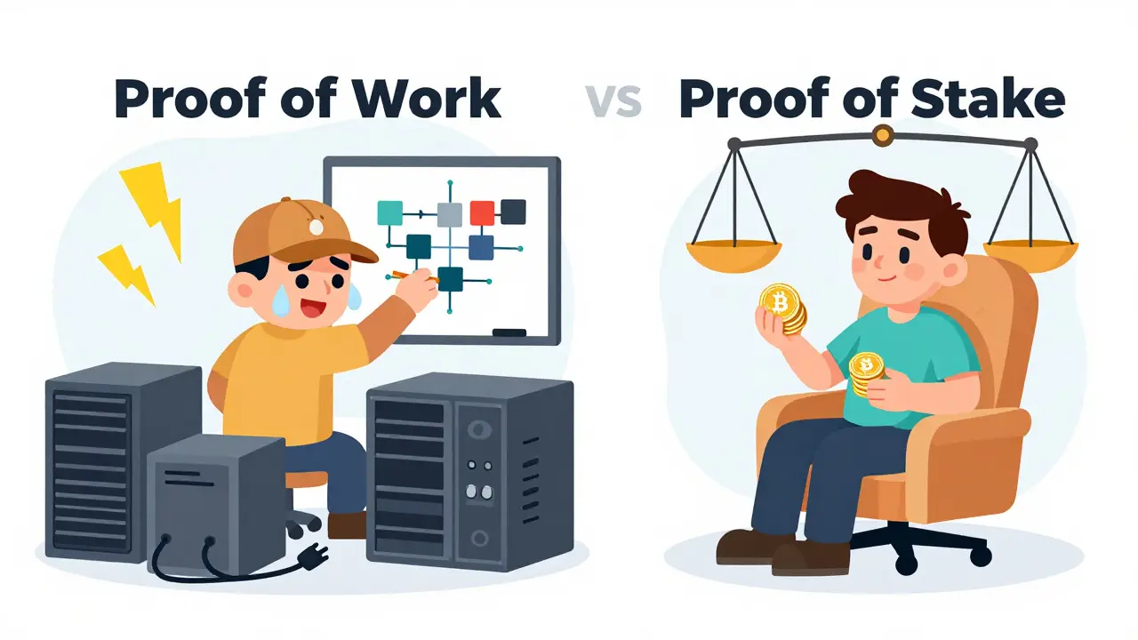 Cartoon comparing mining servers to staking tokens
