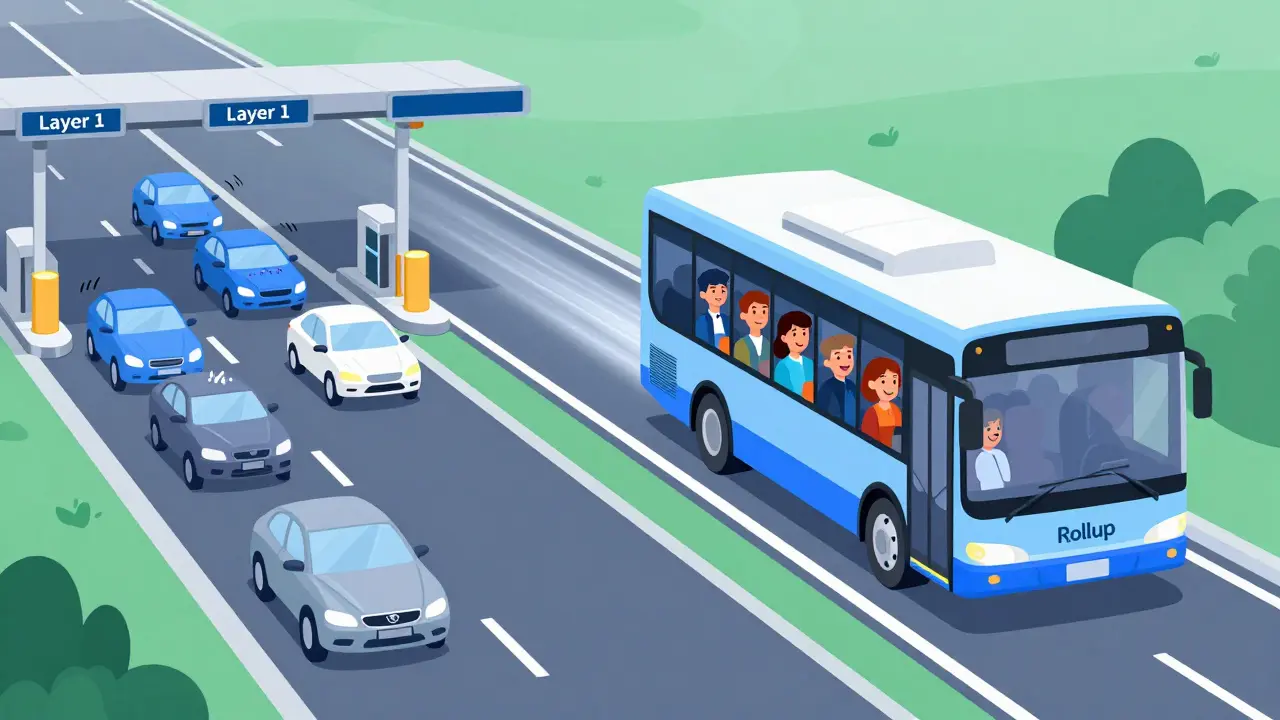 Cartoon comparing slow Layer 1 traffic to fast Rollup bus express lane