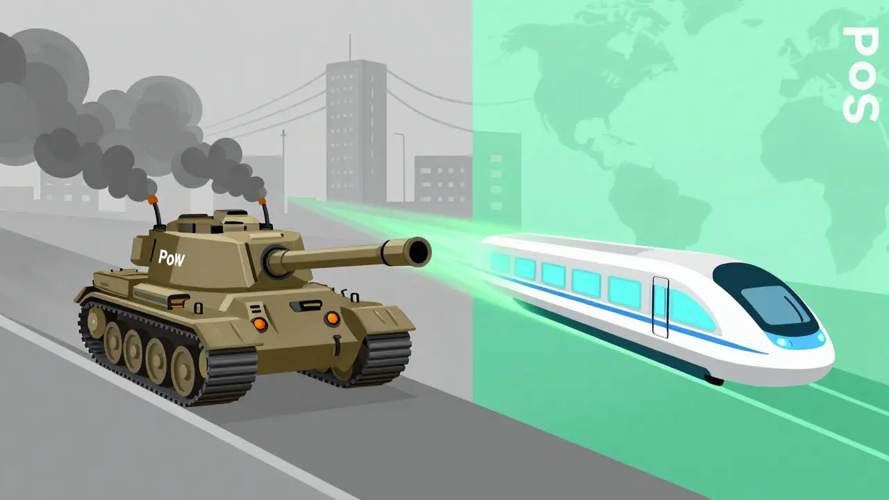 Cartoon comparing slow PoW tank to fast PoS train