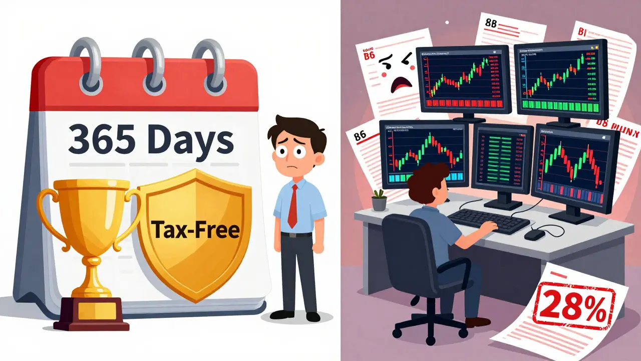 Cartoon comparing tax-free long hold vs taxable active trading strategies