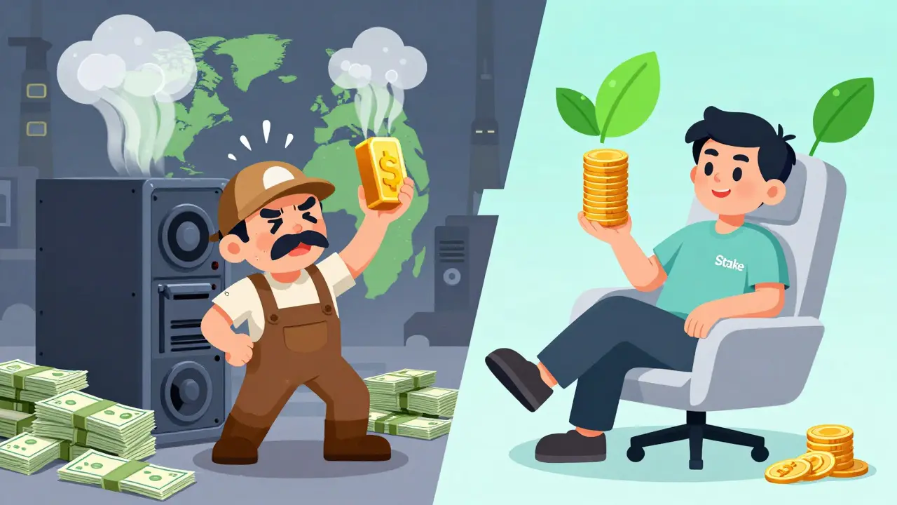 Cartoon comparison of a sweating miner with rigs versus a relaxed validator with coins.