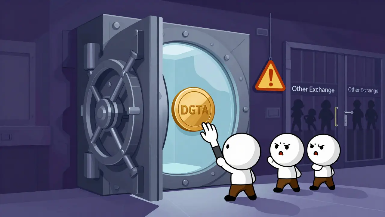 Cartoon depicting a token trapped inside an exchange vault, unable to leave