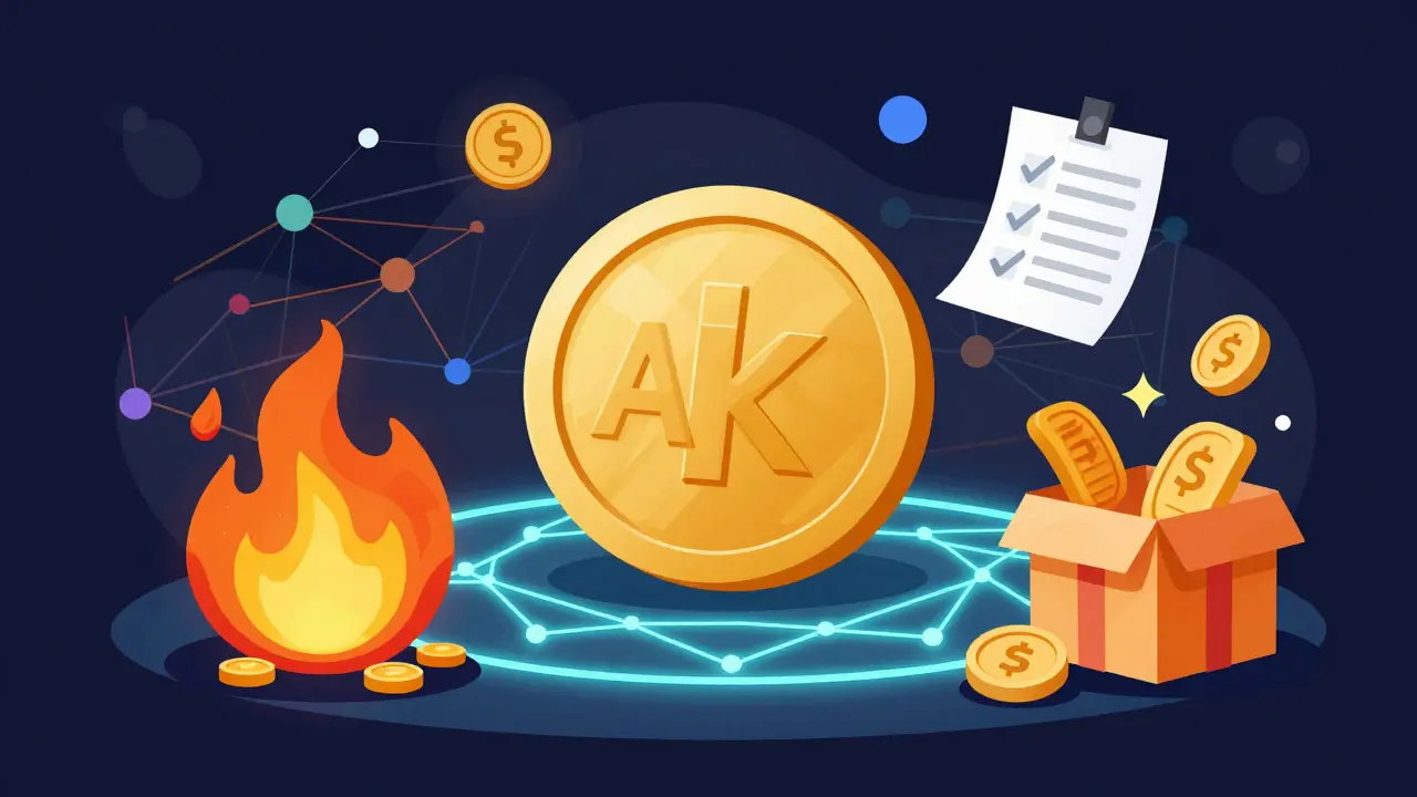 Cartoon depiction of the AKE token's utility including burning, governance, and rewards on a blockchain.