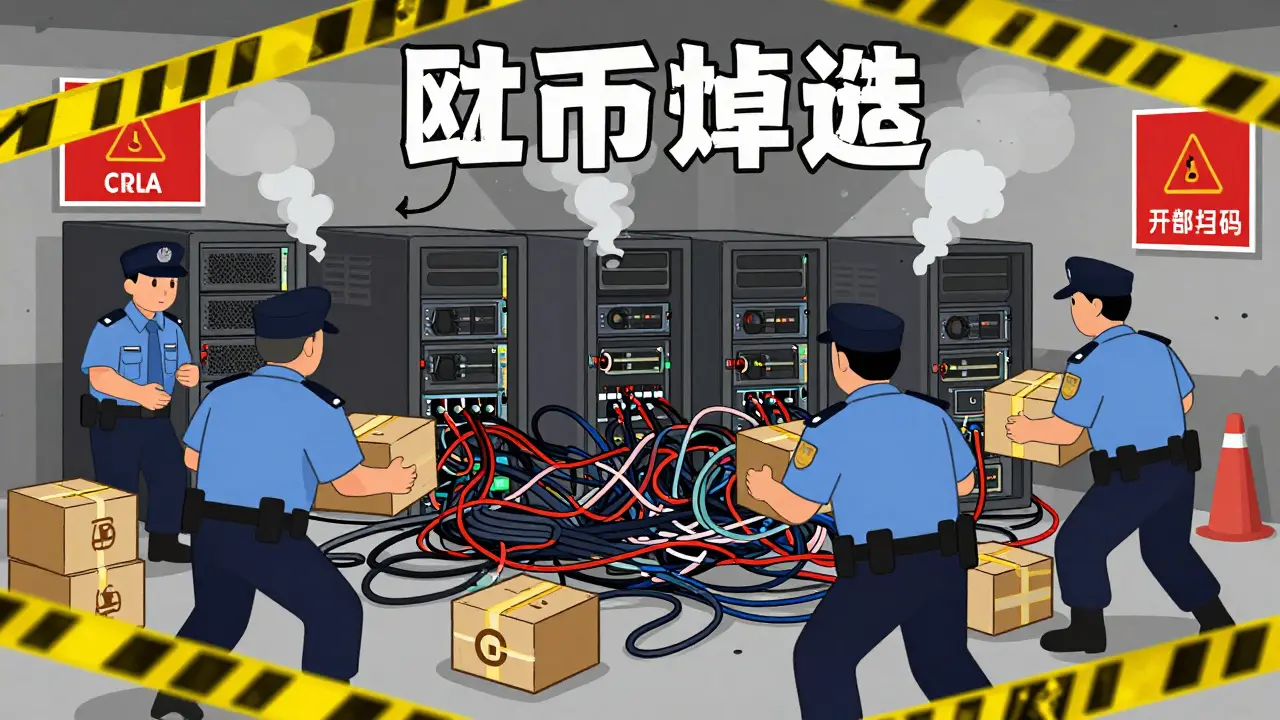 Cartoon illustration of authorities raiding an illegal underground cryptocurrency mining operation.