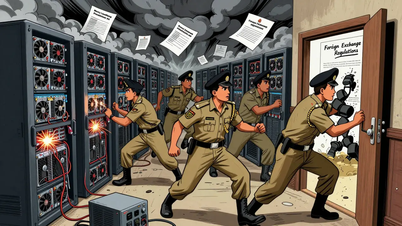 Cartoon illustration of police raiding an illegal crypto mining farm in Dhaka.