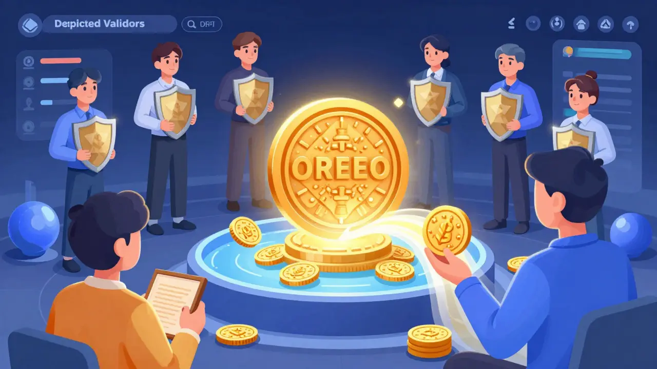 Cartoon illustration of yield farming rewards and DPoS security guards.