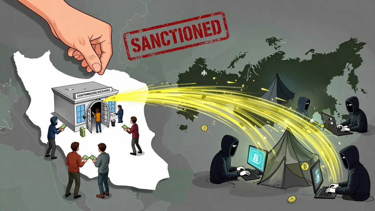Cartoon map showing Iran and Russia's role in sanctioned crypto activity
