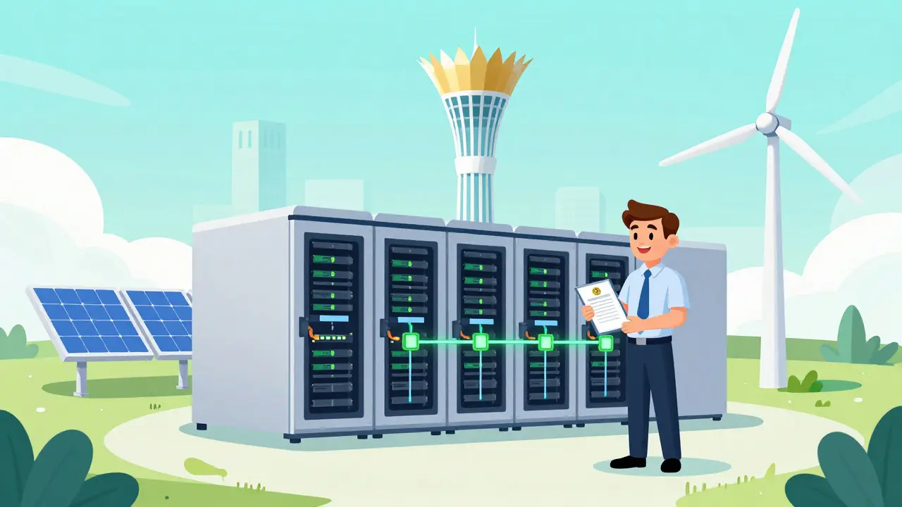 Cartoon of a compliant, green-energy-powered data center under strict regulatory oversight in Kazakhstan.