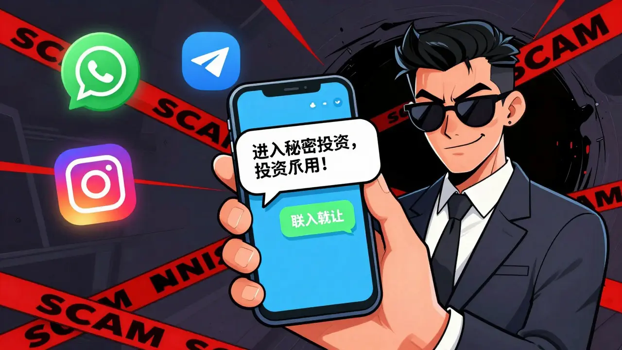 Cartoon of shady advisor sending scam invites via social media apps.